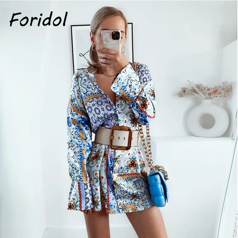 

Foridol Цветочный принт атласное женское летнее Повседневное платье с длинными рукавами в винтажном стиле пляжное платье Синий во французском...