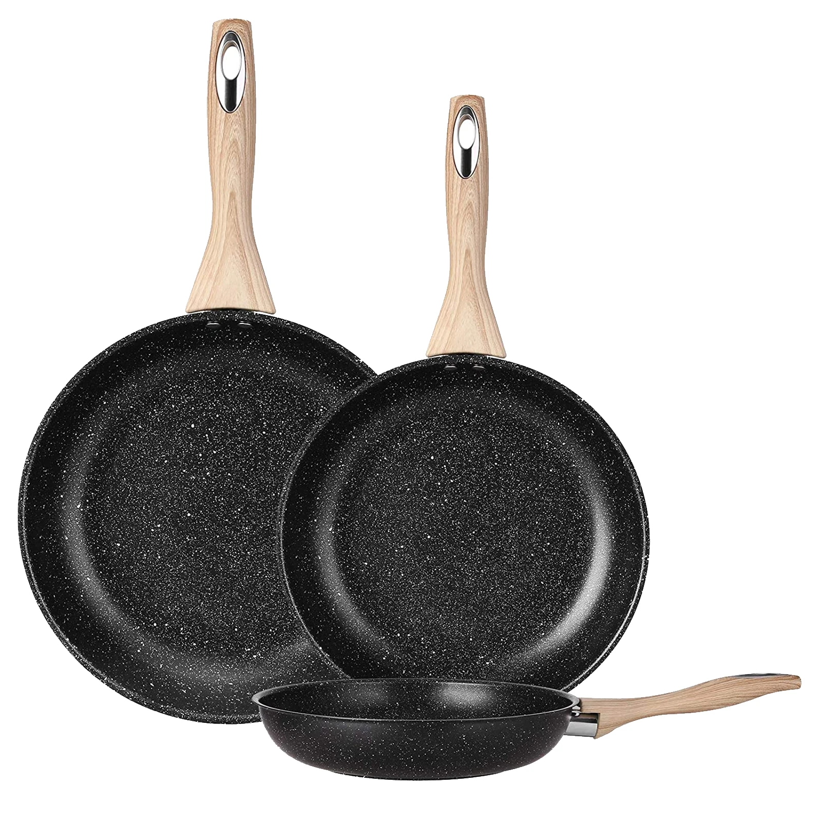 

3pcs Frying Pan Kitchen Dining Bar Cookware Stainless Steel Wooden Handle 8/10/12 Inches Wok Nonstick PanFor Induction Gas