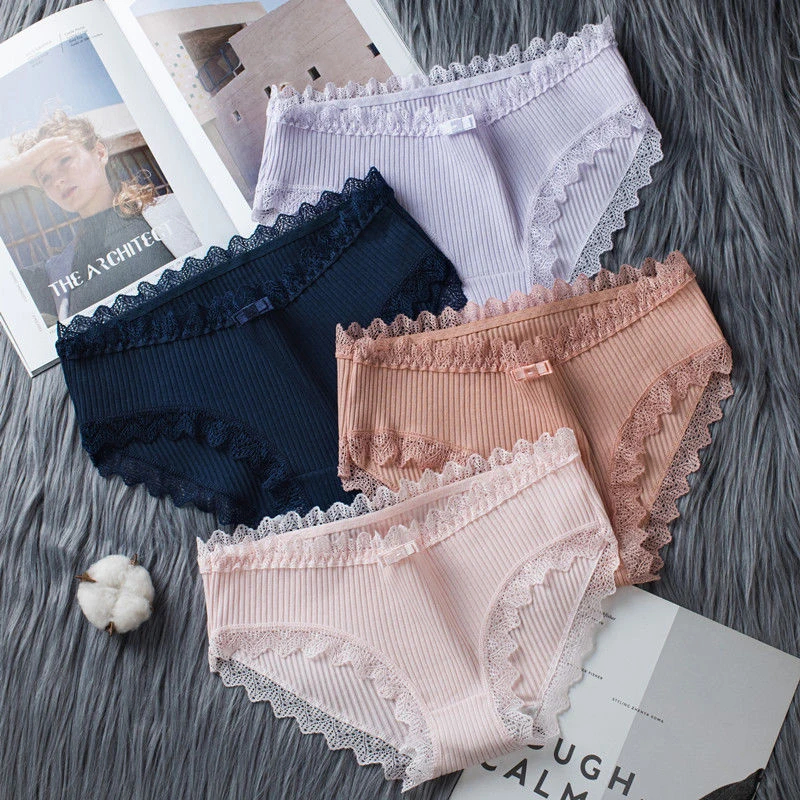 

3 Pcs Women's Panties Cotton Briefs Lingerie Cute Mid Wasit Lace Underwear Women Set Japan Soft Seamless Panties Pink Plus Size