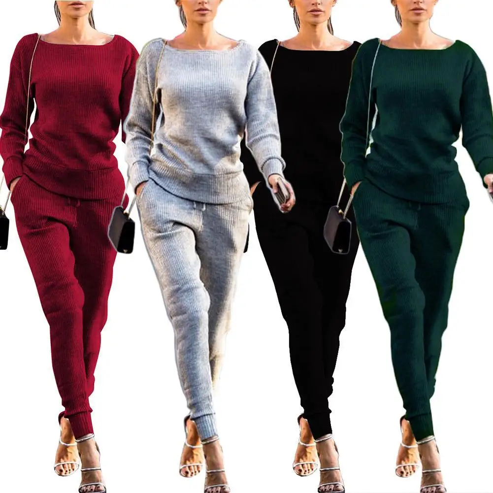 

Solid Color Two Piece Set Women Pant Suits Casual Long Sleeve O Neck Pullovers Crop Top Long Sweatpants Women Outfit Tracksuits