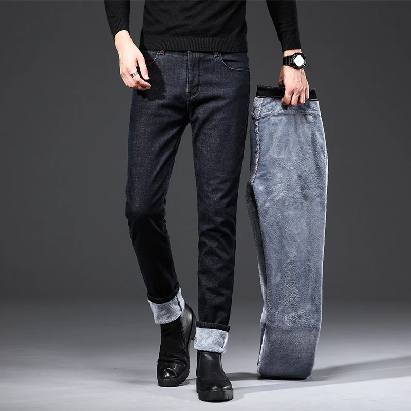 

2021 Cool Winter Men Keep Warm Straight Leg Jeans High Waist Plush Fleece Stretch Pants Male Business Fashion Denim Trousers