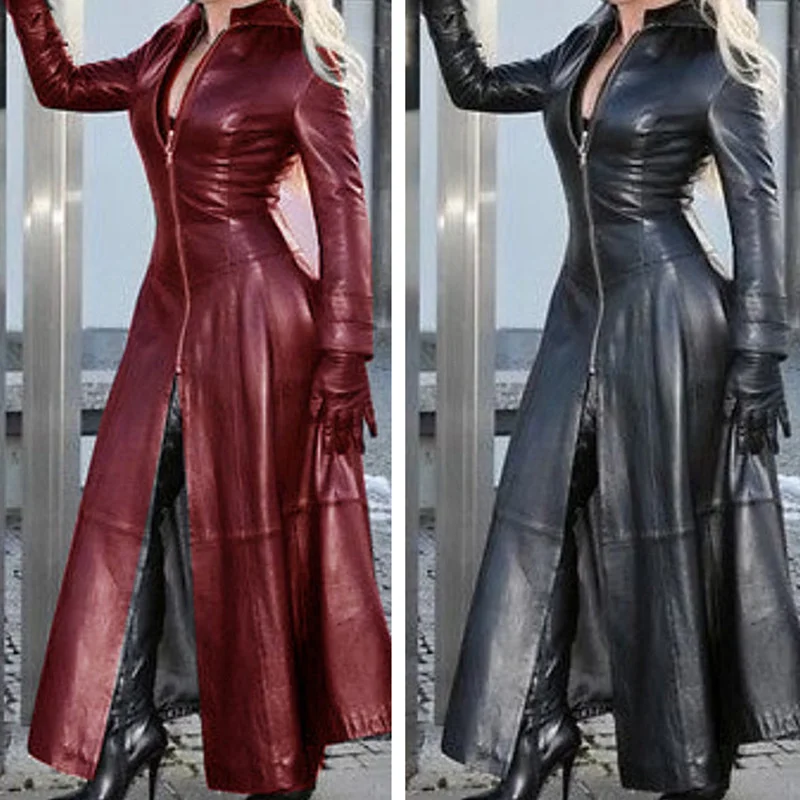 

women's spring and autumn long Pu stand collar leather jacket