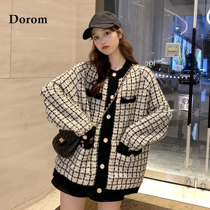 

Женский винтажный свитер в клетку, однобортный Свободный вязаный кардиган с V-образным вырезом и длинным рукавом, повседневный Свитер оверсайз в стиле Харадзюку