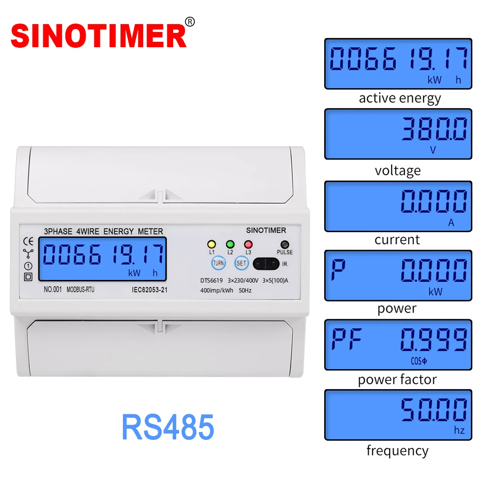 Medidor de Energia Fases Fios Rs485 Modbus 380v 100a Din Trilho Luz de Fundo Digital Monitor de Fator de Potência com Display de Corrente de Tensão Medidores de energia