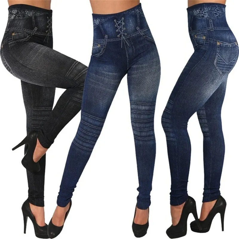 

High Waist Imitation Denim Leggings Cross Border Seamless Cotton Cropped Trousers Yoga Fittness Pants Faux Jeans Short Tights
