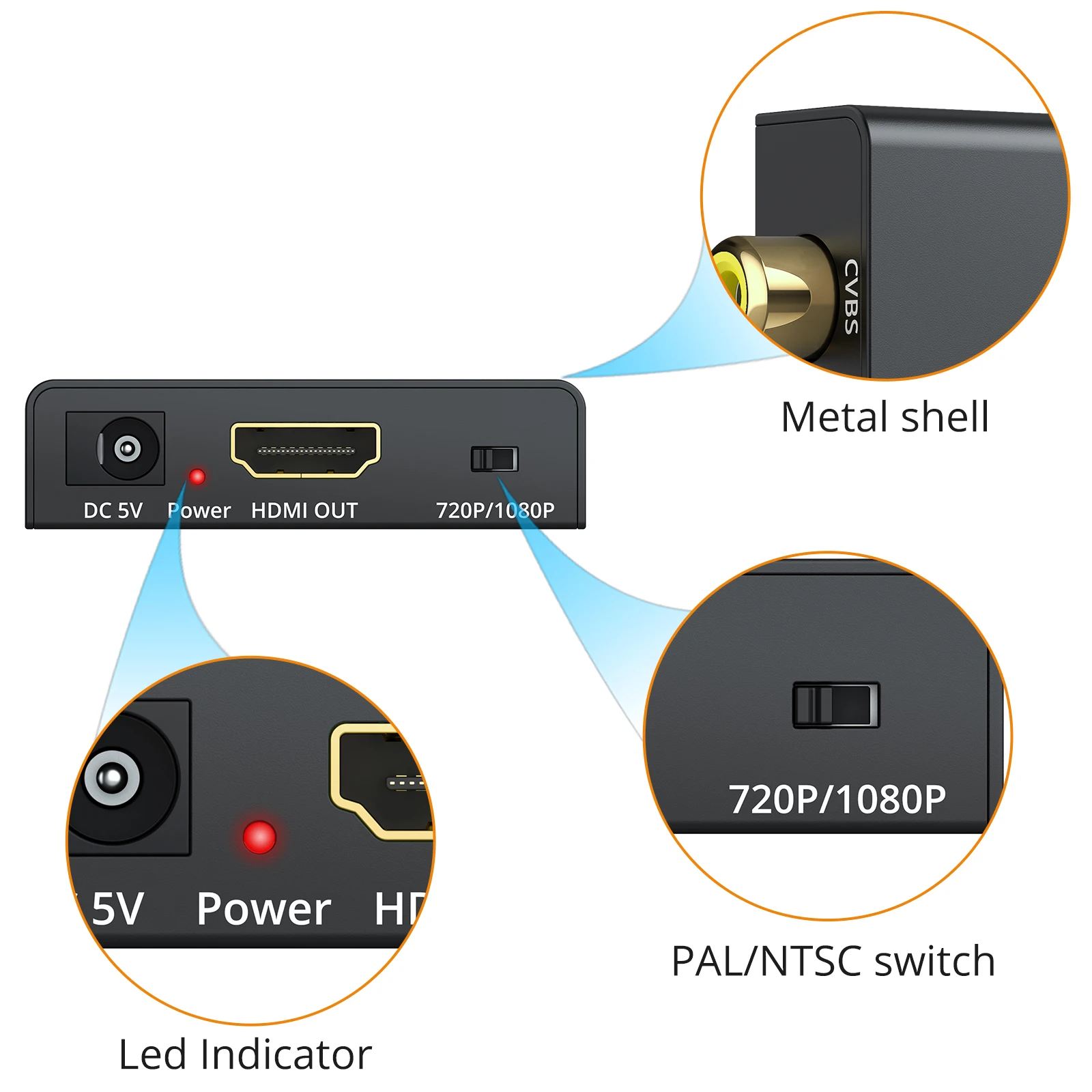Композитный конвертер eSYNiC 1080P 3RCA AV CVBS в HDMI-совместимый мини-конвертер адаптер для