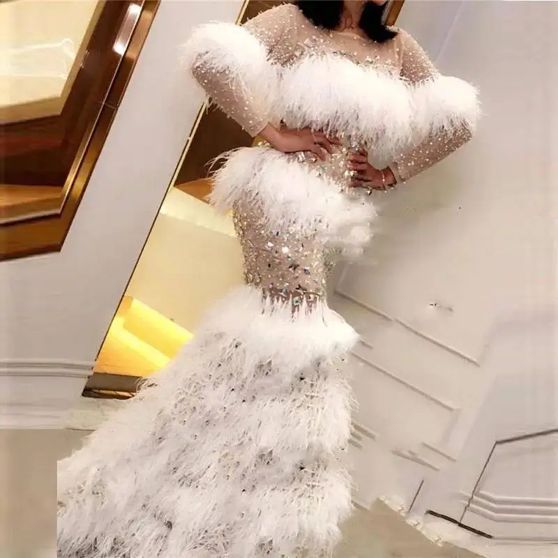 

Gorgeous Tiered Feather Evening Gowns Beaded Long Sleeves Mermaid Prom Dresses Saudi Arabia Sweep Train Robe De Soiree