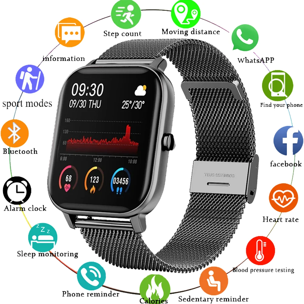 

2021 New P8 Color Screen Smart Watch Women men Full Touch Fitness Tracker Blood Pressure Smart Clock Women Smartwatch for Xiaomi