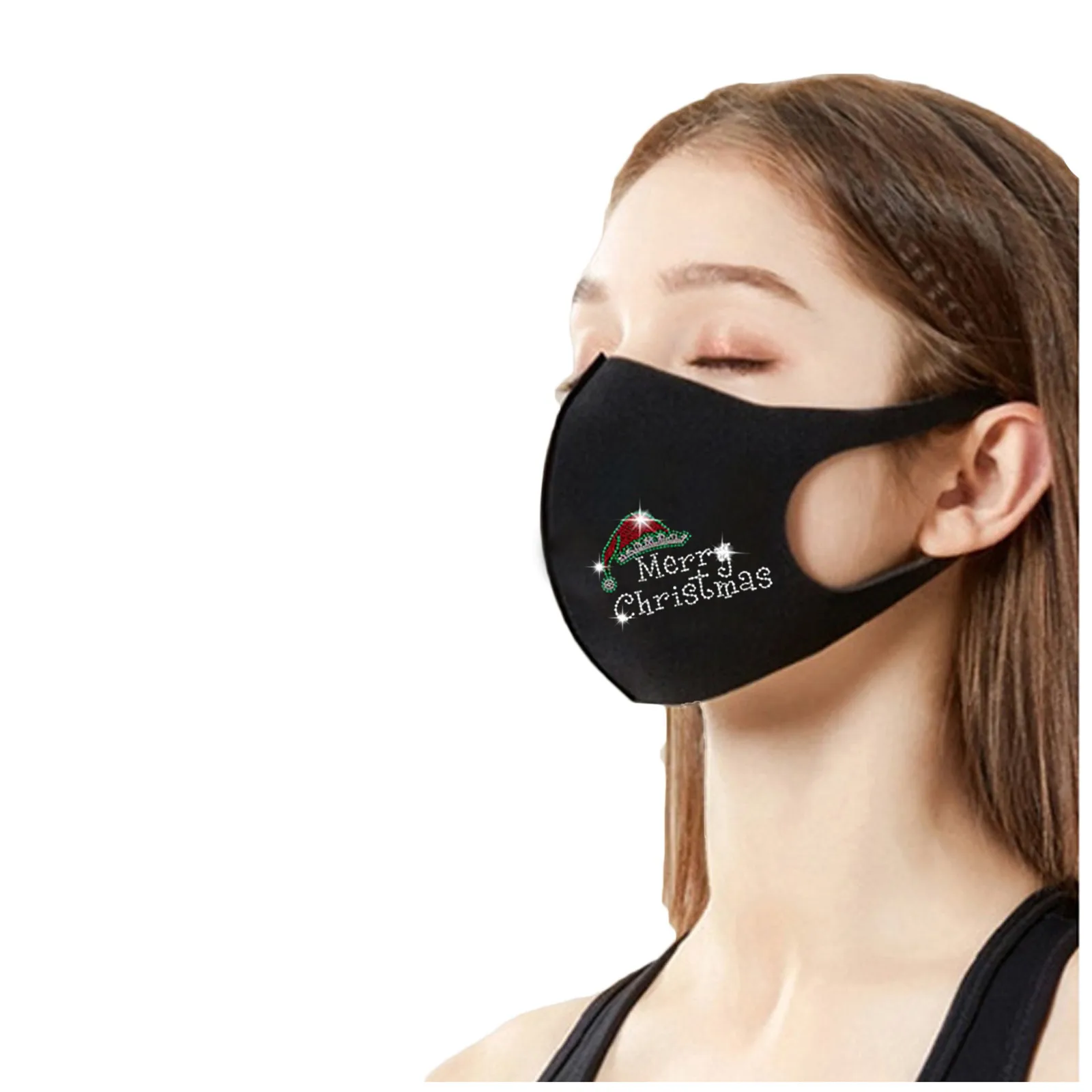 

5PC Christmas Rhinestone Point Drill ice Silk Mask Unisex Adult Winter Mask Rhinestone Warm Hair Ball Hanging Ear Mascarillas