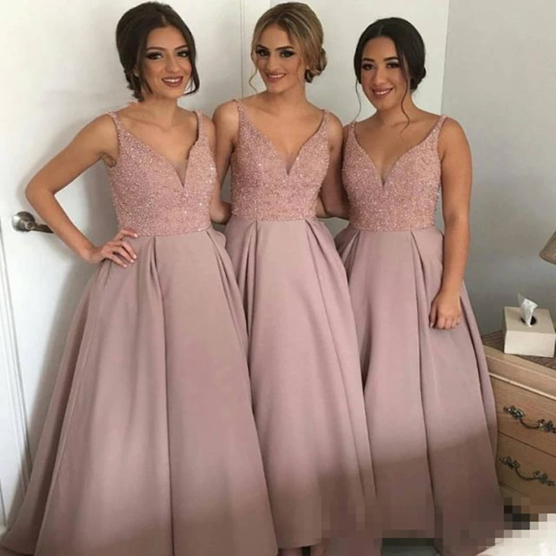 

Sparkling Blush Pink Bridesmaid Dresses High-Low Heavy Beaded Junior Country V Neck Sleeveless Bridesmaid Dresses Long Custom