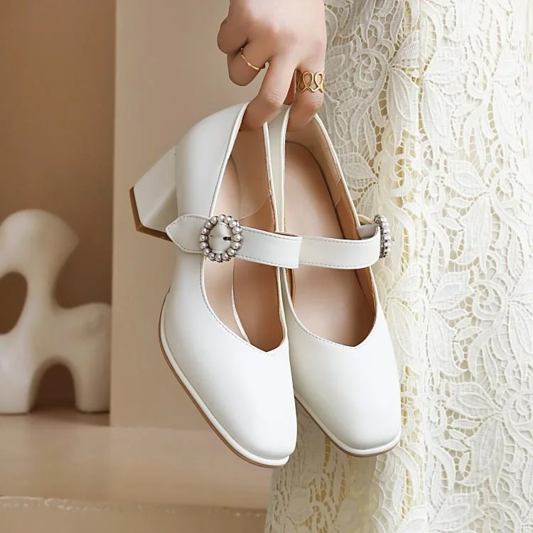 

2021 Spring New Style Square Head Shallow Mouth Pearl Pea Shoes Women's Ins Versatile One Line Belt Thick Heel Low