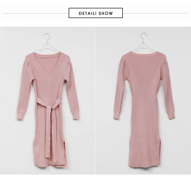 

2020 Winter Korea Knee-Length V-Neck Sashes Sheath Bodycon Knit Sweater Pink Dress