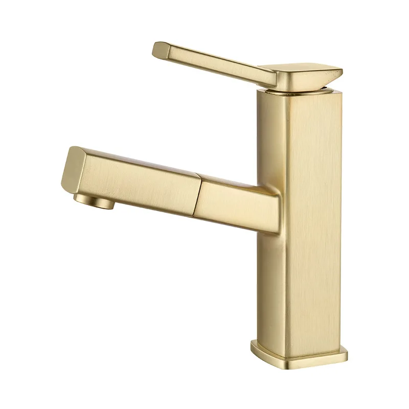 

Brushed gold hot and cold retractable ceramic disc spool single hole fine copper body kitchen pull faucet