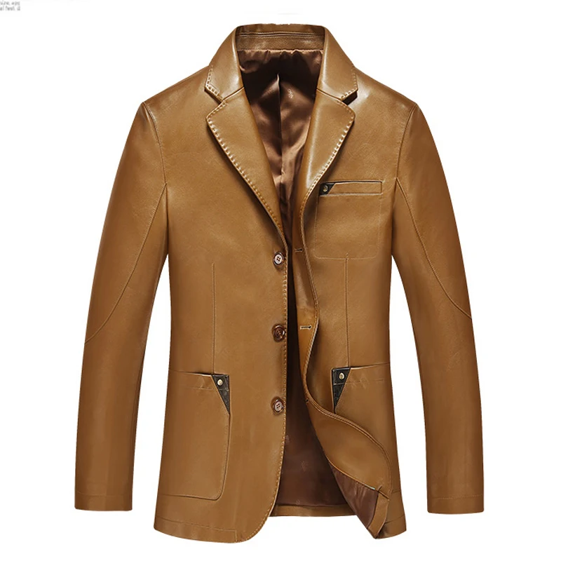 

FAKUNTN Men leather suit 2021 spring and autumn blazer male sheepskin suit tops genuine split leather slim jacket black brown