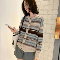 knitted cardigan tops women korean style vintage pink long sleeve loose cardigan sweater blue pull femme nouveaute 2020