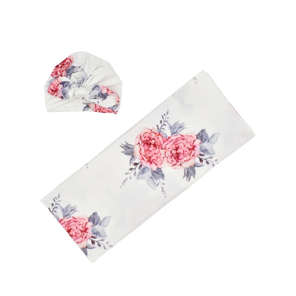 

Newborn Swaddle Blanket Baby Receiving Wrap Bath Cloths Infant Photography Bedding Floral Swaddling Fotografia Turban Hat