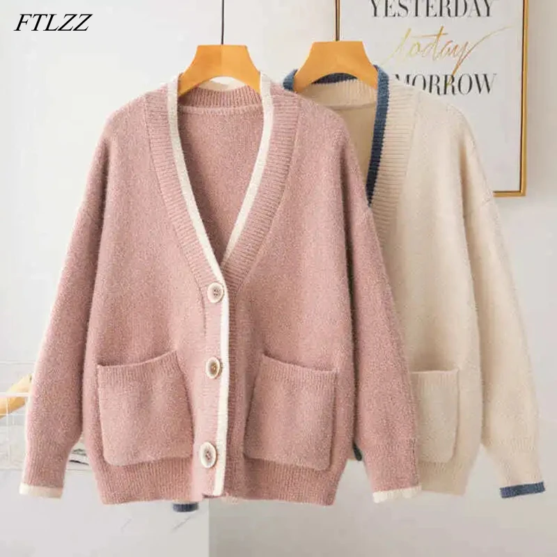 

FTLZZ Autumn Ladies Single Breasted Hit Color Knitted Cardigan Korean Style V-neck Loose Warm Soft Women Oversized Sweaters