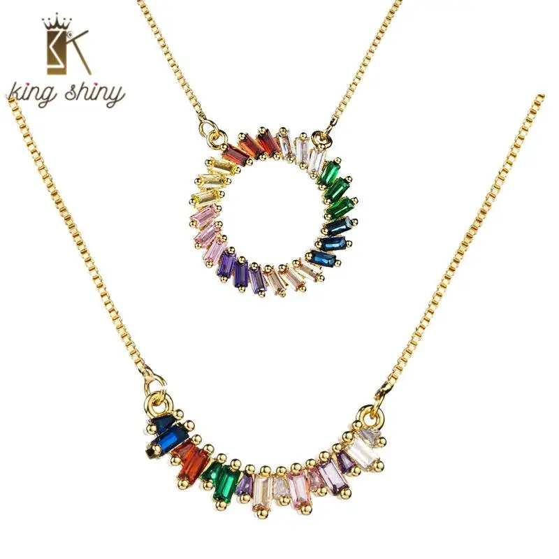

20200 New design Charm Rainbow Color Baguetee Copper Necklace CZ Gold Color Colorful Cubic Zirconia Necklace Woman Festival Gift