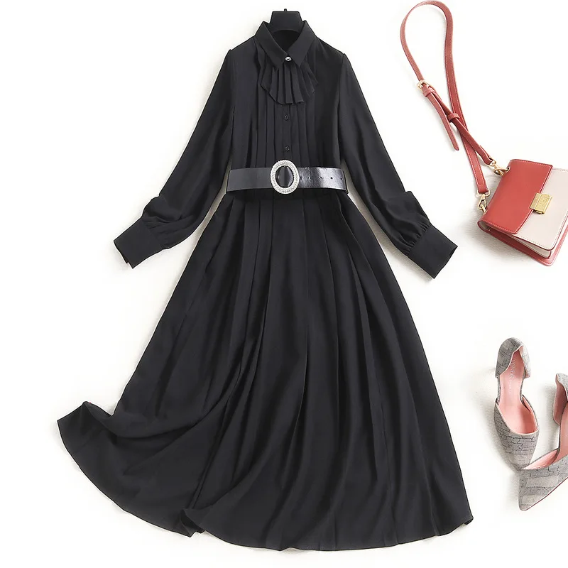 

2021 Spring European High Quality Pure Color Turn-Down Collar Women Elegant Long Sleeves Pleated Black Chiffon Dress With Belt