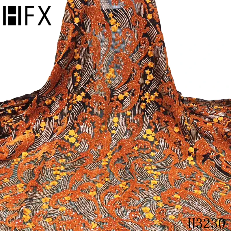 

HFX 2020 Hot Sale African sequin Lace Fabric French Sequins Velvet net Lace Fabric For Nigerian Party Wedding Garment H3230