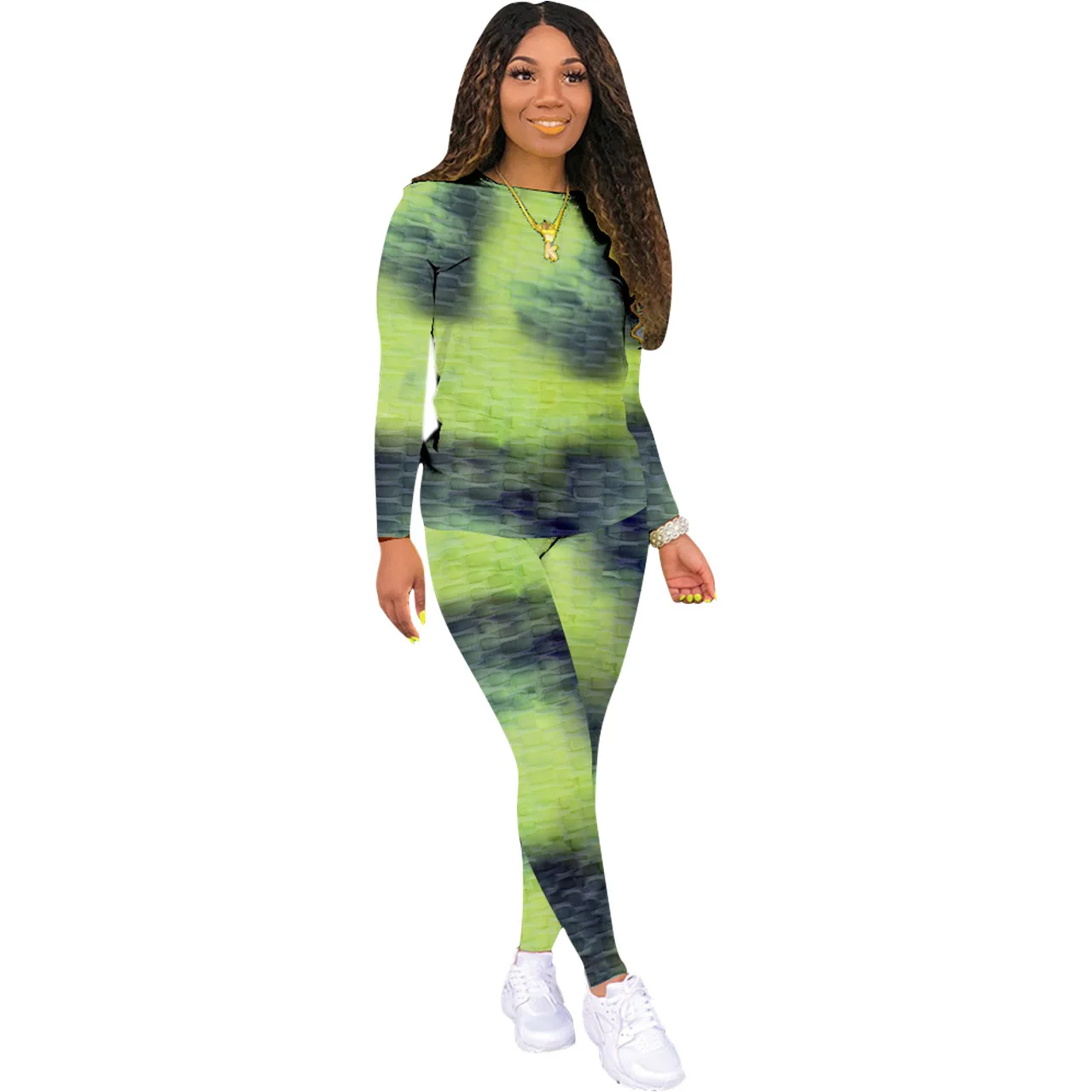 

2021 Spring Casual Print Tie Dye Women Two Piece Set O-neck Shirt Crop Top + Long Pants Sportsuit Jogging Clothes For Women