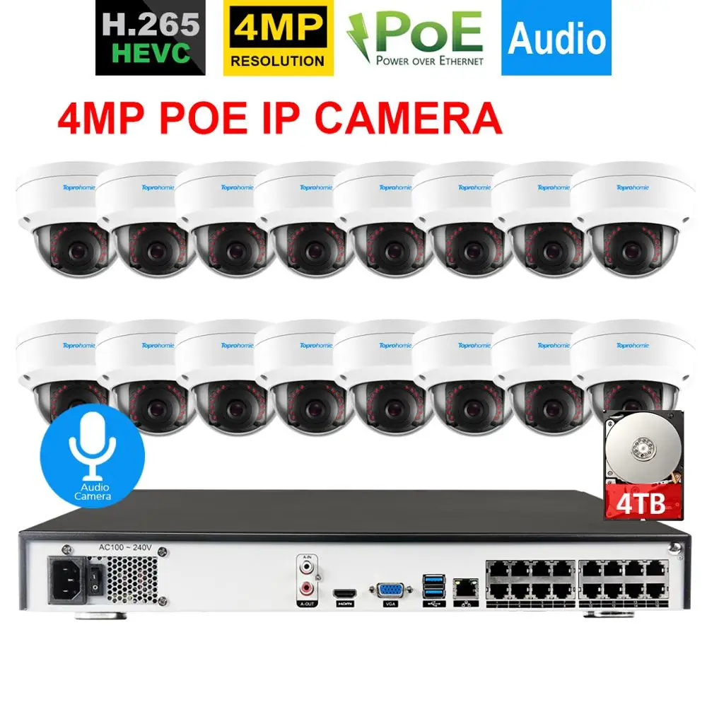 TOPROHOMIE H.265+ 4K 16CH 5MP POE сетевой видеорегистратор 48V 4.0MP POE системы видеонаблюдения и безопасности комплект IP66 камера аудио камера 4 ТБ