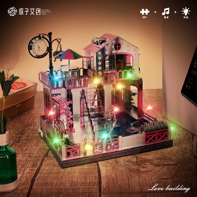 

Love Building Theme Music Box 3D DIY Metal Puzzle Classic Home Decor with Time Clock Assembly Toy Christmas Gift Birthday Gift