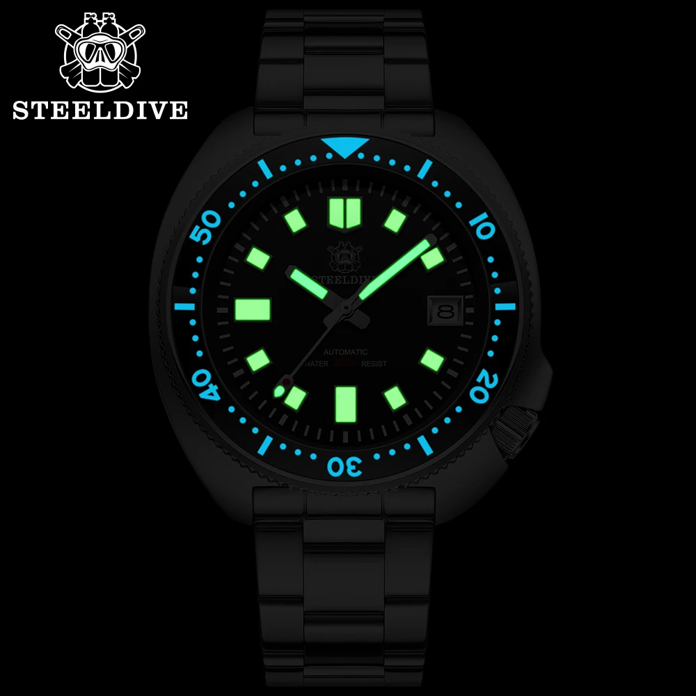 SD1970 GR Steeldive резиновая лента 44MM Мужские часы для дайвинга NH35 с зеленой