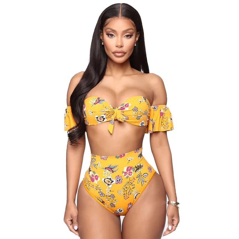 

2021 New Women's Sexy Two Piece Split Bikini Suits Fashion Flower Printing Tube Tops and Stretch High Waist Thong Swimsuit