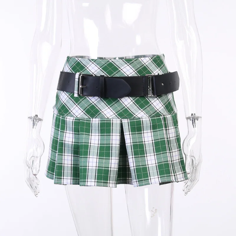 

High Waist Plaid Pleated Skirt Green Harajuku Dance Student Casual Mini Skirts With Belt Retro Vintage England Style Clothing