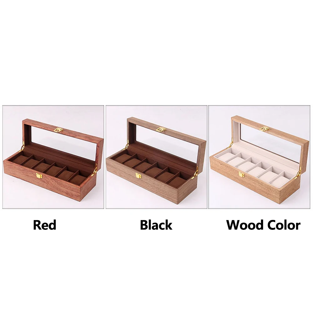 

Protective Storage Case Vintage Style Glass Top Portable 6 Slot Home Decoration Jewelry Organizer Watch Box Practical Wooden