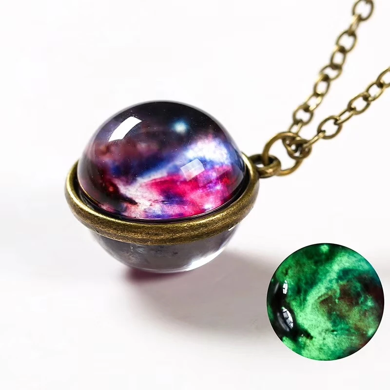 Universe Planet Earth Glass Luminous Double-Sided Retro Pendant Necklace For Women Men Galaxy Nebula Cosmic Art Picture Jewelry images - 6