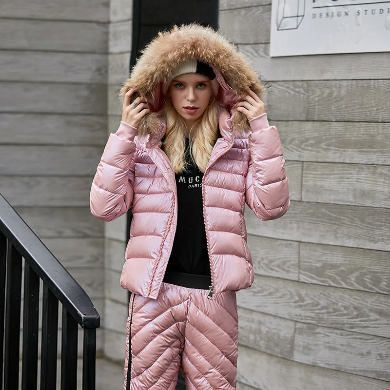 pink two piece set FORERUN/зимние спортивные костюмы для женщин, лыжная парка и брюки, костюм, натуральный мех, с капюшоном, с хлопковой подкладкой, теплые зимние комплекты из двух предметов - Цвет: pink two piece set