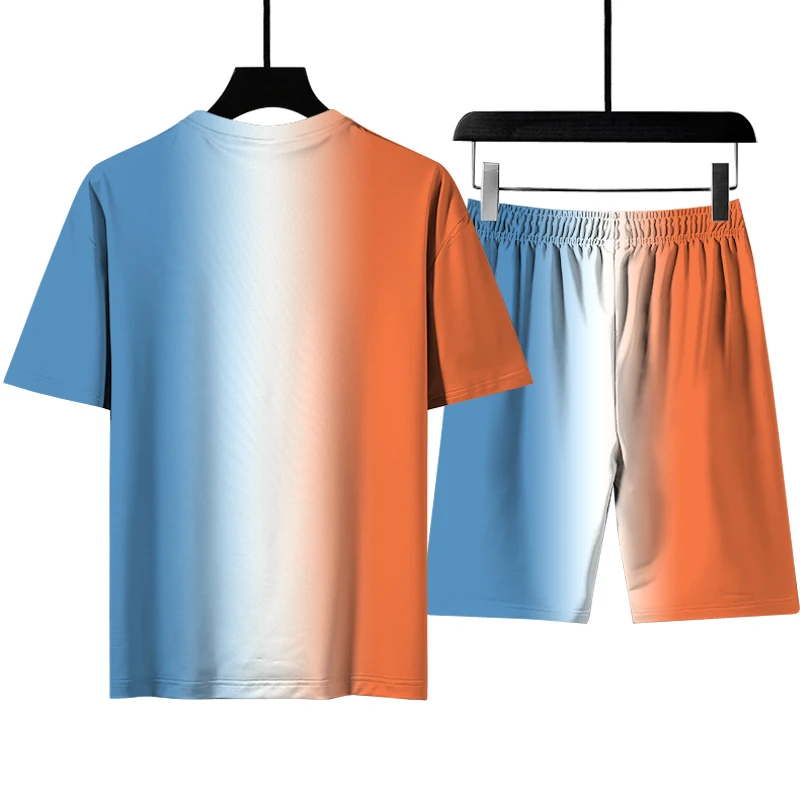 

Cross border new sportswear summer thin T-shirt + shorts 2-piece gradual change printing casual men's suit