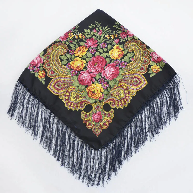 Navy Blue Русская шаль квадратная Babushka Пашмина женский зимний шарф головной убор женский Ретро Цветочный узор шарф из хлопка с кисточками хиджабы - Цвет: Navy Blue