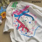 Футболка женская с принтом пистолета и котенка, милый Повседневный Топ в стиле японской уличной школы, свободная рубашка в стиле ольччан, в стиле ретро, в стиле Харадзюку, на лето