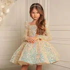 Блестящее платье с блестками и пушистыми цветами для девочек элегантное платье принцессы с бантом для Первого Причастия платье для маленькой невесты