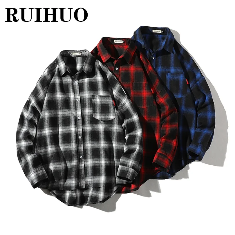 

RUIHUO Plaid Shirt Men Clothing Designer Vintage Clothes Men Shirt Long Sleeve 5XL 2021 Autumn New Arrivals