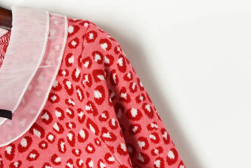 New Autumn Cardigans Women Sweet Peter Pan Collar Leopard Pattern Single Breasted Knitted Sweater Jacket Jumper Top pull femme |