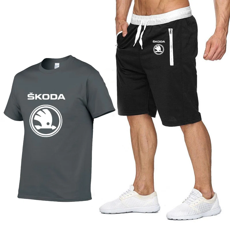 

2020 Summer Men's short sleeve Skoda Car logo Printed high quality Cotton Fashion Casual T-Shirt Pants Suit 2Pcs