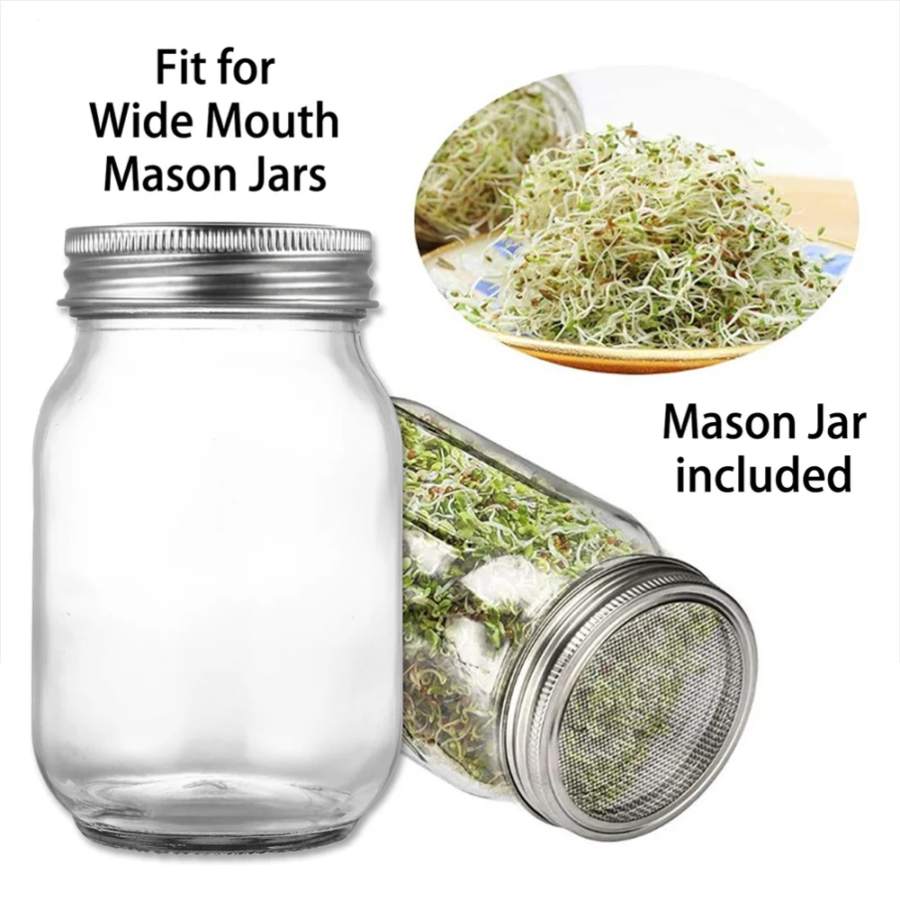 

2 Sets 500ml Glass Sprouter Jar Seeds Sprouting Jar Kit For Home Kitchen Garden