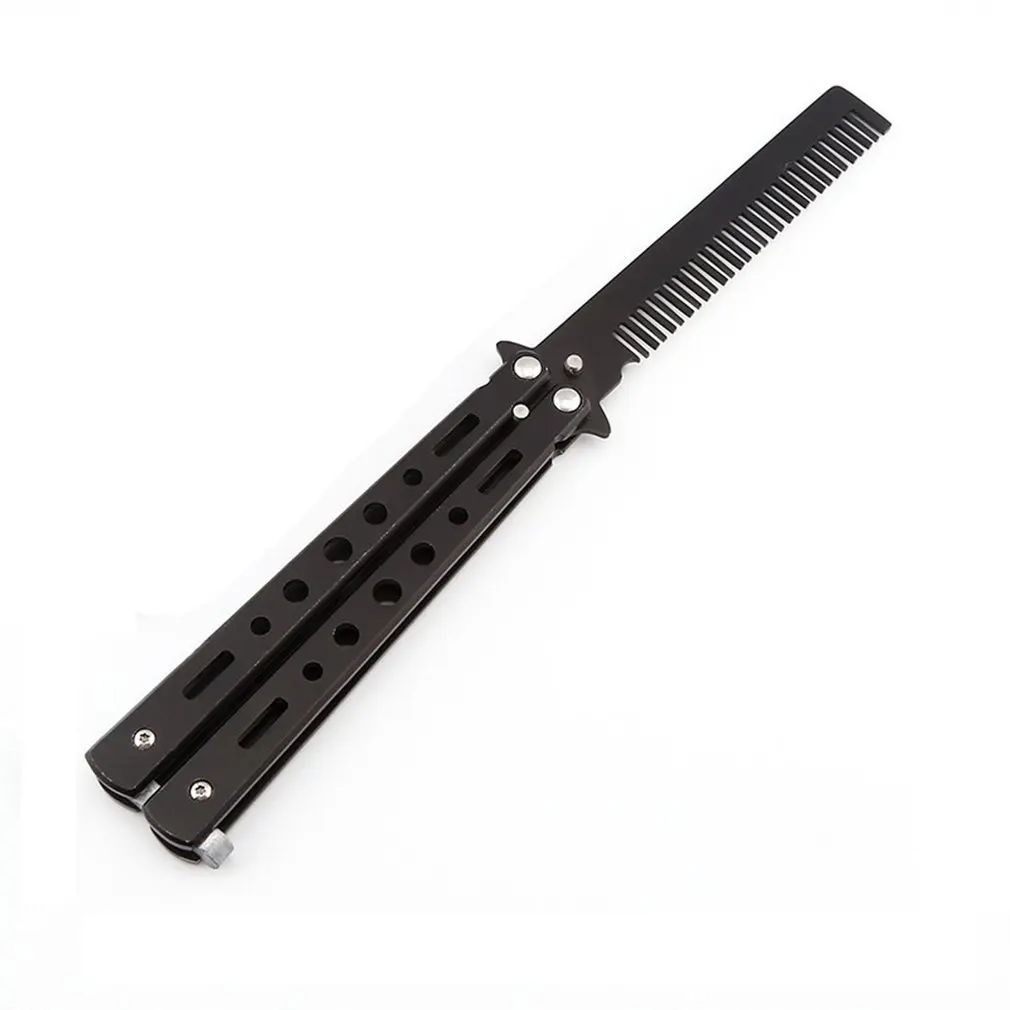 

Salon Stainless Steel Folding Practice Training Butterfly Style Knife Comb hairbrush Styling Tools Black/Silver Cool Hair brush