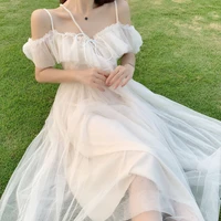 bella philosophy lolita style mesh ruffles slash neck off shoulder lace up women summer white dress spaghetti strap dresses
