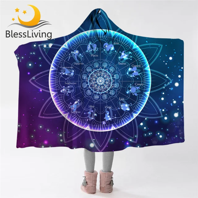 BlessLiving Zodiac Hooded Blanket Lotus Mandala Sherpa Fleece Throw Blanket With Hat Galaxy Constellations Wearable Blanket 1