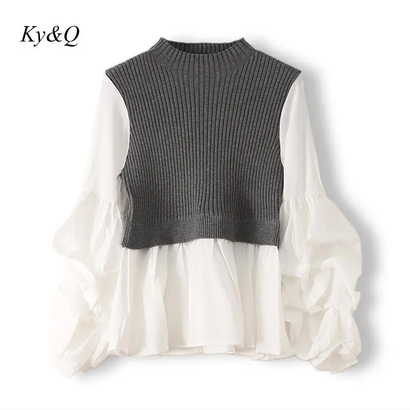 Женский вязаный свитер с оборками облегающий пуловер пышными рукавами и подолом