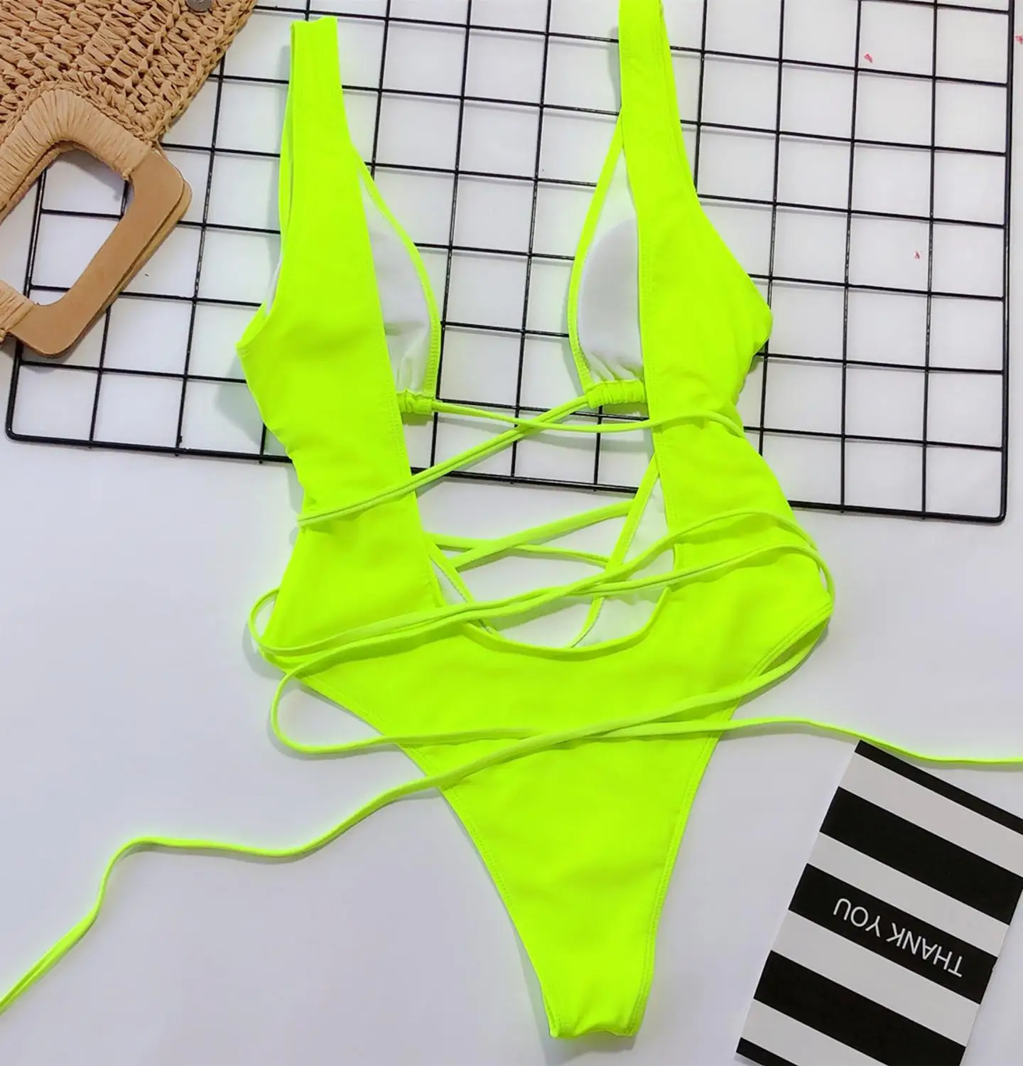 Неоново зеленый и фачсия розовый однотонный Цельный купальник со шнуровкой V