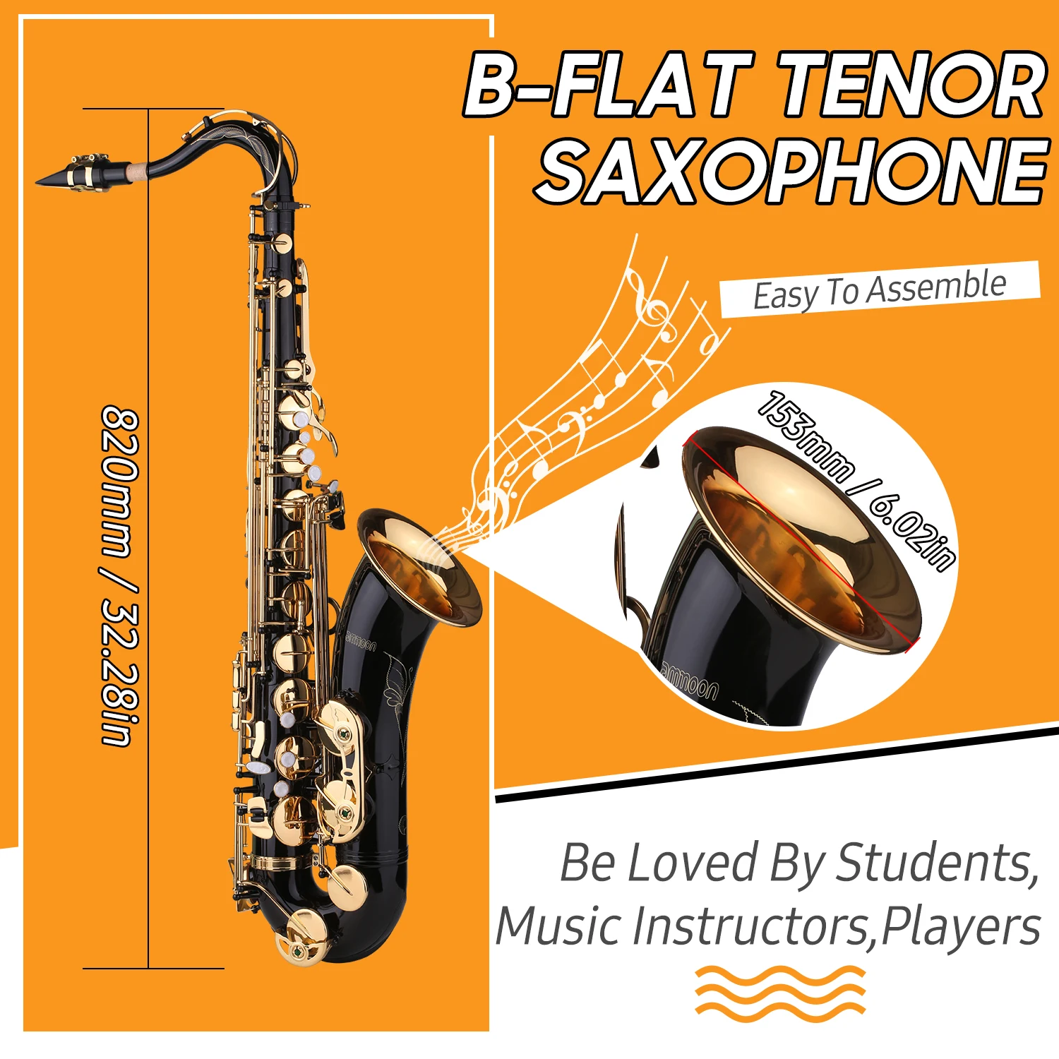 

ammoon B-flat Tenor Saxophone Bb Black Lacquer Sax with Instrument Case Mouthpiece Reed Neck Strap Cleaning Cloth Brush Beginner