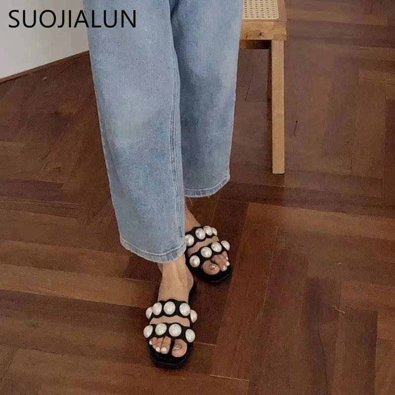 SUOJIALUN тапочки на плоской подошве женские модные брендовые шлепанцы с жемчужинами