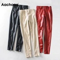 aachoae women skinny faux leather leggings sexy elastic stretch pu leather pants high waisted trouser pantalons jeggings