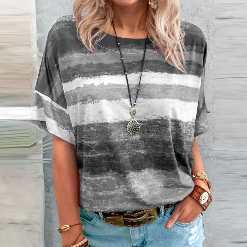 

Vintage Stripe Print Blouse Shirts Women 2021 Summer New Casual O-Neck Pullover Tops Ladies Fashion Short Sleeve Plus Size Blusa